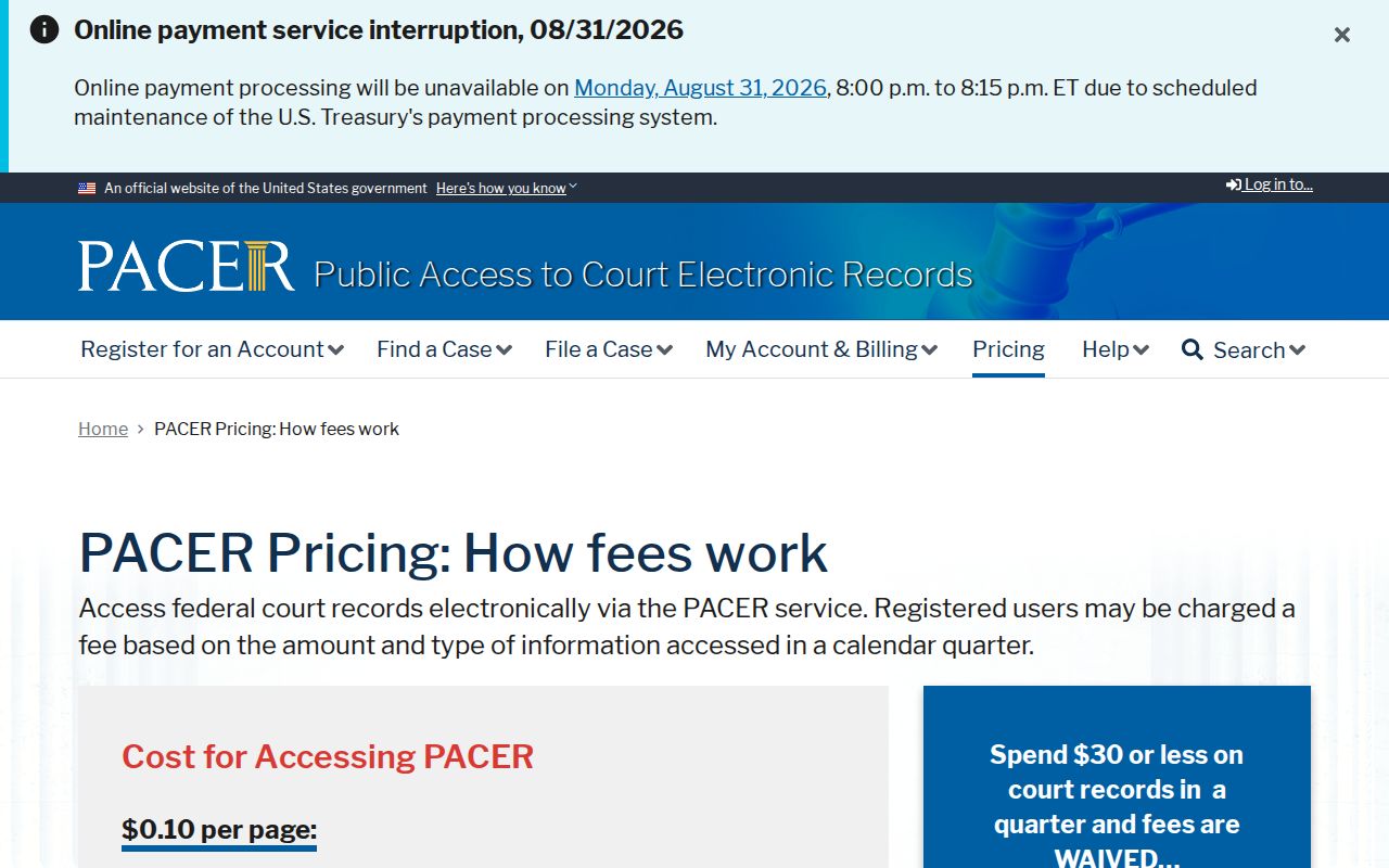 Scott County docket search PACER federal case search pricing page