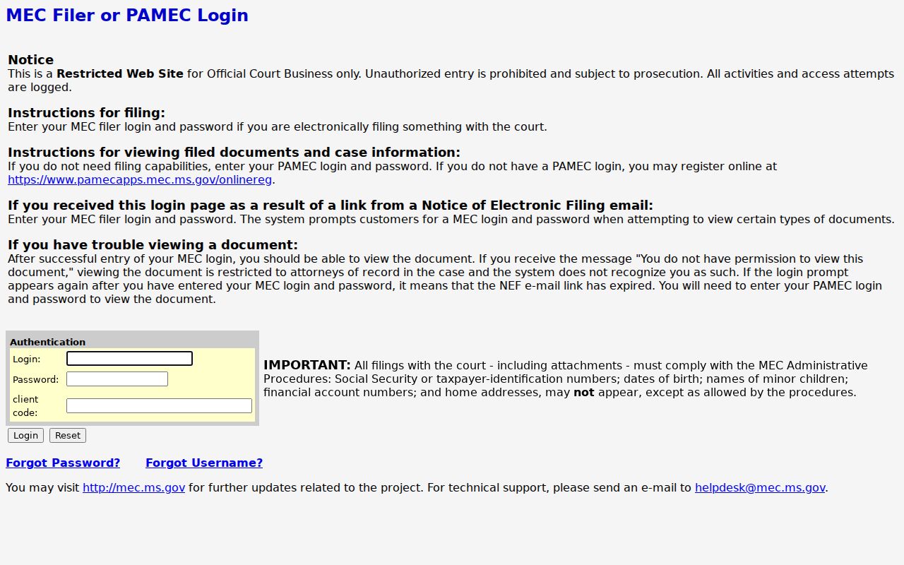 Scott County docket search Eighth Circuit MEC login screen